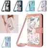 Stylish Flower Leather Wallet Falls för Samsung S23ultra S22 A54 Pixel 8 7A Hawaiian Butterfly Floral Credit ID Card -kortplats Flip Cover Lady Crossbody -remmen