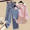 Women's Two Piece Pants Women's Clothing Age Reducing Set For Spring Summer 2023 Arrival Shirt Coat With Tank Top Wide Leg Jeans Three