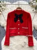 Womens Sweaters Fashion Red Party Pearl Warm Sweater Winter Black Office Lady Loose Ladies Beading Autumn Sweet Cardigan Bow White Knit Top 231216