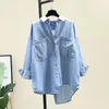 Blusas femininas azul escuro camisa jeans outono irregular bolso duplo casual listrado retalhos topo y909