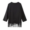 Women's Blouses 2023 Fashion Black Fringed And Embroidered Wrap Tops V-neck Long-sleeved Spring Autumn Shirts Blouse Top