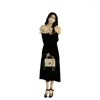 Casual Dresses French Ruffled Off-the-shoulder Dress For Women Word Collar Velvet Skirt Split Black Ladies' Temperament Autumn And Winter