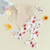 Clothing Sets Born Girl Fall Clothes Solid Color Ribbed Long Sleeve Romper With Flower Flare Pants And Bow Headband Outfit