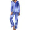 Women's Sleepwear Blue And White Gingham Pajamas Checkerboard Long Sleeve Trendy Pajama Sets 2 Pieces Sleep Autumn Printed Home Suit