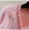 Kvinnors stickor Flower mohair cardigan långärmad tröja höst och vinter hög midja korta diamant pärlor v-hals tröjor rockar