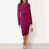 Werkjurken Dames Temperament Effen Gebreide Jurk Casual Lange Mouw Trui Bodycon 2 Delige Set Koreaanse Mode Jumper Midi