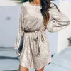 カジュアルドレス女性のためのファッションスパンコール長袖のクルーネックキラキラ光るグリッターミニドレスルーズランタンストラップスカート