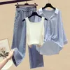 Calças femininas de duas peças roupas femininas idade reduzindo conjunto para primavera verão 2023 chegada camisa casaco com tanque top perna larga jeans três