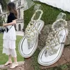 Sandals Comfort Shoes For Women Beige Heeled All-Match 2023 Summer Black Low Pearl Fashion Elastic Band Beach Clear Flat Girls