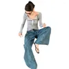 Kvinnors jeans blå flare byxor hög midja kvinnor 2023 höst koreansk retro lös design bantning bred benbyxor lätt strech skarvning