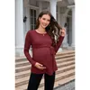 Mulheres grávidas camisetas outono primavera gravidez roupas elegante grávida manga longa mulheres casual cor sólida com nervuras blusa básica tops