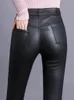 Męskie spodnie czarne skórzane spodni jesień zima koreańska odzież uliczna Slim High talia Spodnie rajstopy kostki dla kobiet 231216
