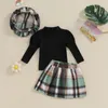 Комплекты одежды для девочек, осенняя одежда из 3 предметов, черные топы с длинными рукавами и воротником-стойкой, клетчатая юбка на пуговицах, комплект-берет