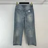 Blue Denim Women Pocket Rhinestone Jean Pants Causal Designer Jeans Female Trousers