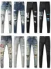 Jeans da uomo viola Jeans firmati Moda motociclisti strappati effetto consumato Denim Cargo da uomo Pantaloni neri Jeans skinny con buco rotto