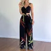 Women's Two Piece Pants 2Pcs/Set Summer Women Outfit V Neck Backless Sleeveless Lightweight Plant Print Sling Wide Leg Suit For Daily Wear