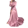 Casual Dresses O-neck Long Sleeve Waist Tight Women Dress Elegant Smooth Satin Large Hem Traditional Female Clothing