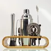 Outils de bar Barres en acier inoxydable Barware Cocktail Shaker Ensemble avec support en bambou Jigger Cuillère Tong Kit de barman Whisky Vin Boisson mélangée 231216