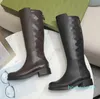 Soft cowhide Long boots real leather zipper black women shoes letters Tall barrel Knight Boots designer shoe lady Flat knee boot Large size