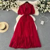 Party Dresses European Vintage Maxi For Women Elegant Half-high-neck Puff Sleeve Female Pleated Dress Chiffon Long Vestidos Dropship