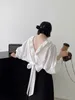 女性用ブラウスkorejepo白いコウモリの袖のシャツフリルレースアップ美しいシャツ女性ハイストリートヨーロッパユニークなデザインカジュアル汎用性
