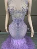 Сценическая одежда, блестящие стразы длиной до пола, фиолетовое платье с перьями, сексуальное прозрачное платье для дня рождения, празднования вечера, выпускного вечера, Po Shoot