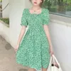 Feestjurken Zoete Elegante Bloemenjurk 2023 Koreaanse Mode Korte Mouw Leuke Kawaii Kleding Vrouwen Zomer Print Groen Casual Licht