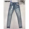 Män jeans män lila designer mode nödställda rippade cyklister kvinnor denim last för män svarta byxor kanadensiska