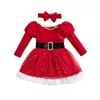 Girl Dresses Christmas 6M-4Y Kids Outfit Long Sleeve Stars Sequined Patchwork Dress With Bow Headband For Cosplay Party