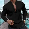 Camisas casuais masculinas camisa de moda henry cor sólida botão meio aberto gola muscular tops rua macio e confortável 2023 topo