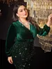 Robes mère de la mariée en velours vert foncé, à paillettes, manches longues, robe d'invitées de mariage, décolleté en V, grande taille, robes de soirée