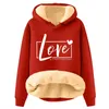 Hoodies femininos outono/inverno moda manga comprida com capuz dia dos namorados amor impressão de pelúcia quente solto pulôver camisola sudaderas