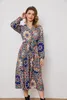 Casual Dresses Fashion Style Amazon Independent Station gränsöverskridande Foreign Trade V Neck Big Flower Långärmad midjeklänning