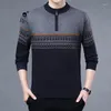 2024 Men's Sweaters Winter Middle Aged Thick Warm Half Neck Zipper Standing Wool Sweater Print Patchwork Business Casual Fleece Long Sleeve Top