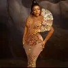 2024 Plus Size Aso Ebi Vestidos de Baile Luxuoso Espelho Lantejoulas Ilusão Vestido Formal de Noite para Ocasiões Especiais Tule Africano Árabe Vestidos de Festa de Aniversário NL042