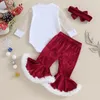 Ensembles de vêtements 3pcs bébé filles vêtements de Noël maille pure manches longues patchwork barboteuse pantalon évasé bandeau