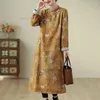 Etnik Giysiler 2023 Çin Geliştirilmiş Qipao Poleane Assed Elbise Geleneksel Halk Ulusal Çiçek Baskı Cheongsam Kalın
