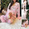 Vêtements de nuit pour femmes Pyjamas en plumes pour femmes Ensembles de Noël roses Pantalons à manches longues Pyjamas Père Noël imprimé