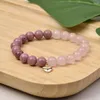 Strand Heart Charm 8mm Rose Quartz Rhodonite Natural Stone Bead Elastic Bracelet For Women