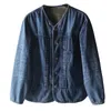 Men's Jackets Vintage Washed Denim V-neck Jacket Casual Collarless Jeans Coat Japanese Style Top Male