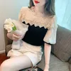 Women's Blouses 2033 Elegant French Office Ladies Chiffon Shirt Patchwork Lace Spliced Nail Bead Puff Half Sleeves Outerwear Tops Oversized