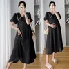 Abiti francesi vintage premaman abiti in chiffon vestiti estivi per le donne incinte solido colletto a giro manica a sbuffo carino abiti da gravidanza