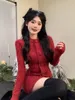 Robes décontractées de base rouge doux élégant bouton tricoté robe pull femme mince sexy mini robe robe de soirée mode coréenne hiver 231218