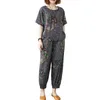 Women's Two Piece Pants Women Top Set O-Neck Short Sleeve Pockets Mid-aged Printing Outfit Streetwear
