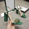 Kvinnors högklackade sandaler läderfest mode metall dubbel spänne sommardesigner sexig kikstå chunky klänningskor utsökta elegans