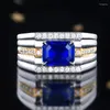 Bagues de cluster 18K Or Blanc 2.25CT Naturel Royal Blue Sapphire Bague pour hommes Vintage Style Gemstone Bijoux Mens Diamants Fine Bijoux