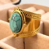 Cluster Rings Vintage Sun Flower Turquoise Natural Stone Wide Open For Women14K Gold Plated Stainless Steel Female Jewelry Gifts