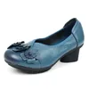 Dress Shoes Chunk Heel Block Pumps Women's Blue Vintage Ladies Slip On Round Toe Woman Comfortable Leather Heeled Mother