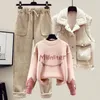 Women's Two Piece Pants Winter Cashmere Vest Coat Embroidery Knitted Sweater Casual Trousers Three Piece Elegant Women's Pants Set Outfit 231218