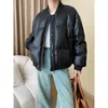 Women's Trench Coats Textured Leather Duck Down Collar Coat Black White Winter Baseball Jacket